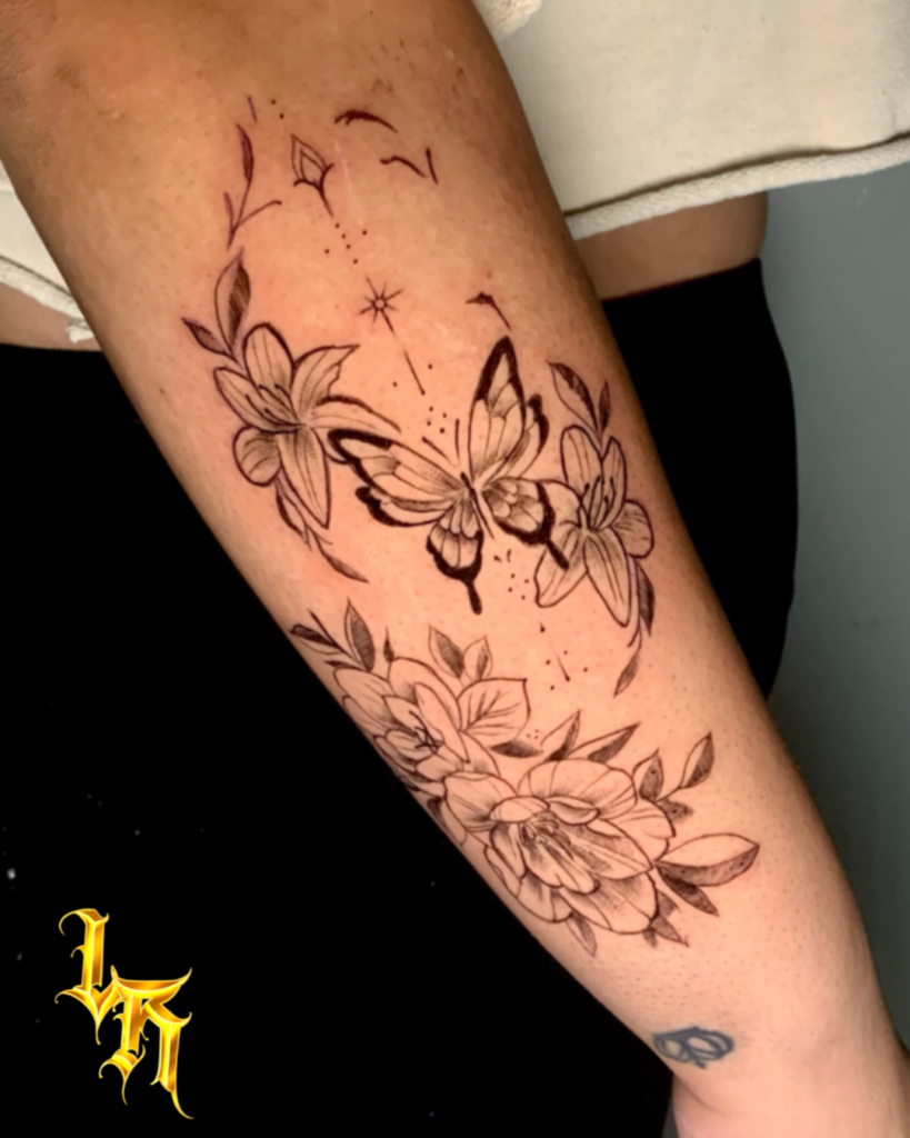 Butterfly Fine Line Tattoo, on Right forearm